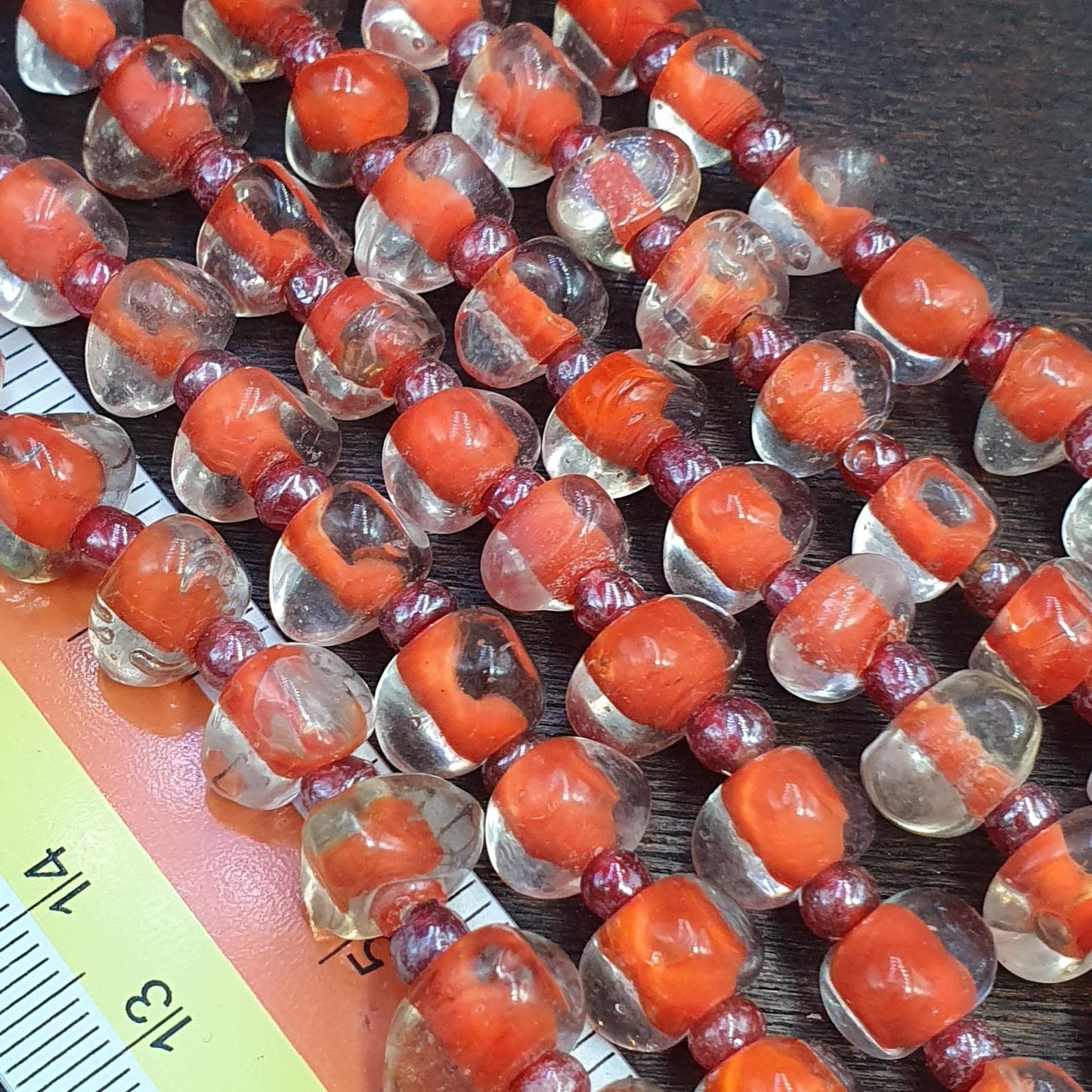 Vintage handmade blown lampwork orange glass beads necklace triangle shape