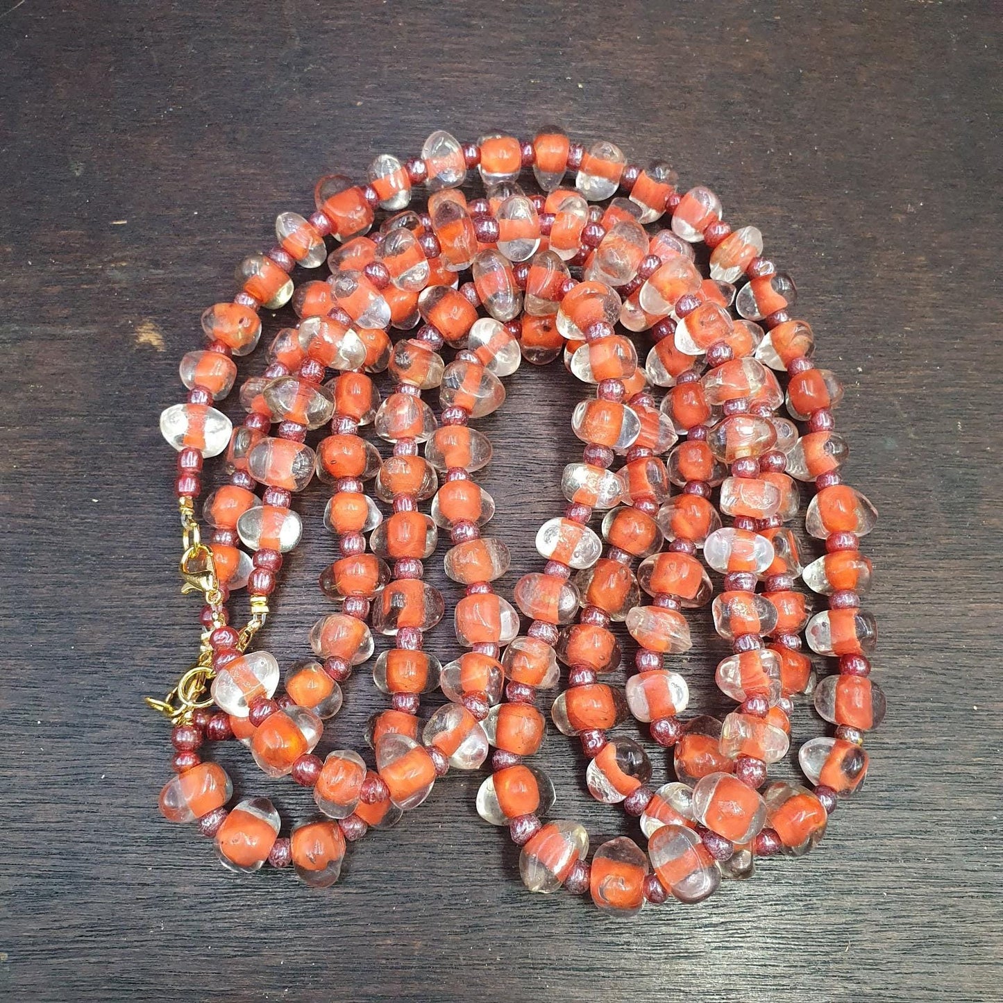 Vintage handmade blown lampwork orange glass beads necklace triangle shape