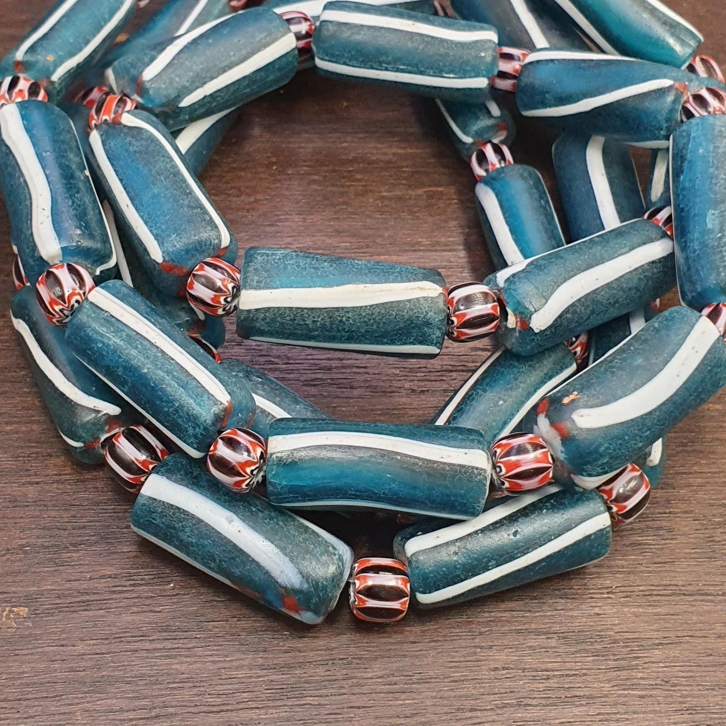 Venetian style blue and white candy glass beads black chevron beaded necklace
