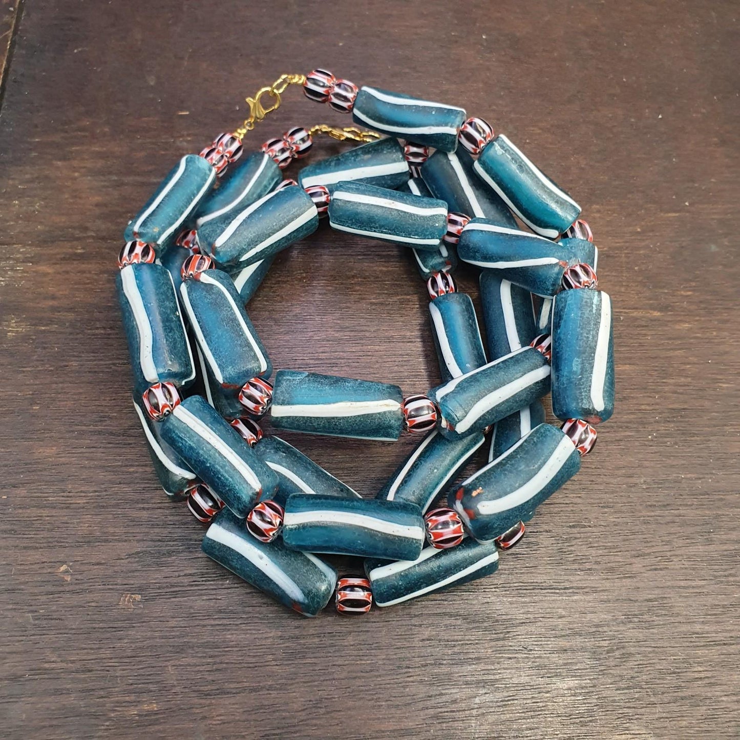 Venetian style blue and white candy glass beads black chevron beaded necklace