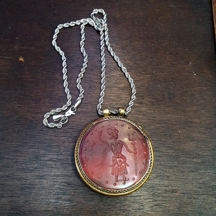 Agate carnelian intaglio stone mix silver decorated big pendant necklace