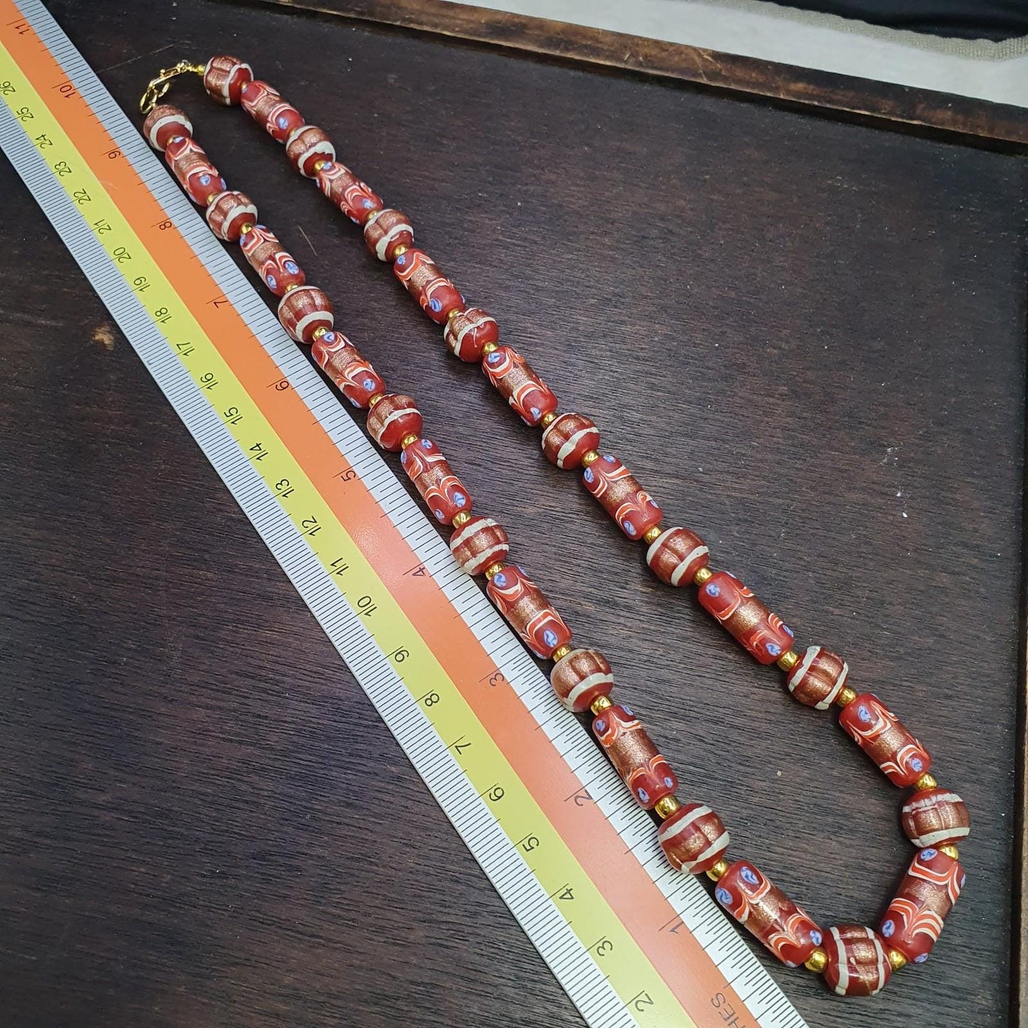 Vintage Aventurine Red Glass Bead Strand: Handmade Feather Design
