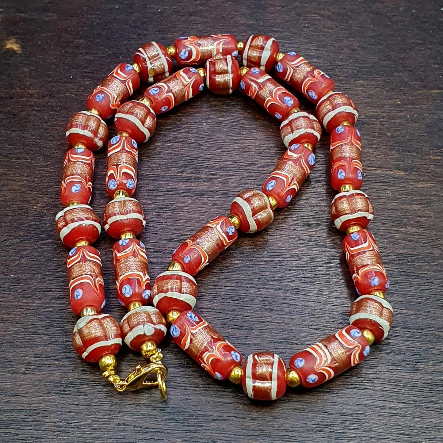 Vintage Aventurine Red Glass Bead Strand: Handmade Feather Design