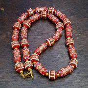 Vintage Aventurine Red Glass Bead Strand: Handmade Feather Design