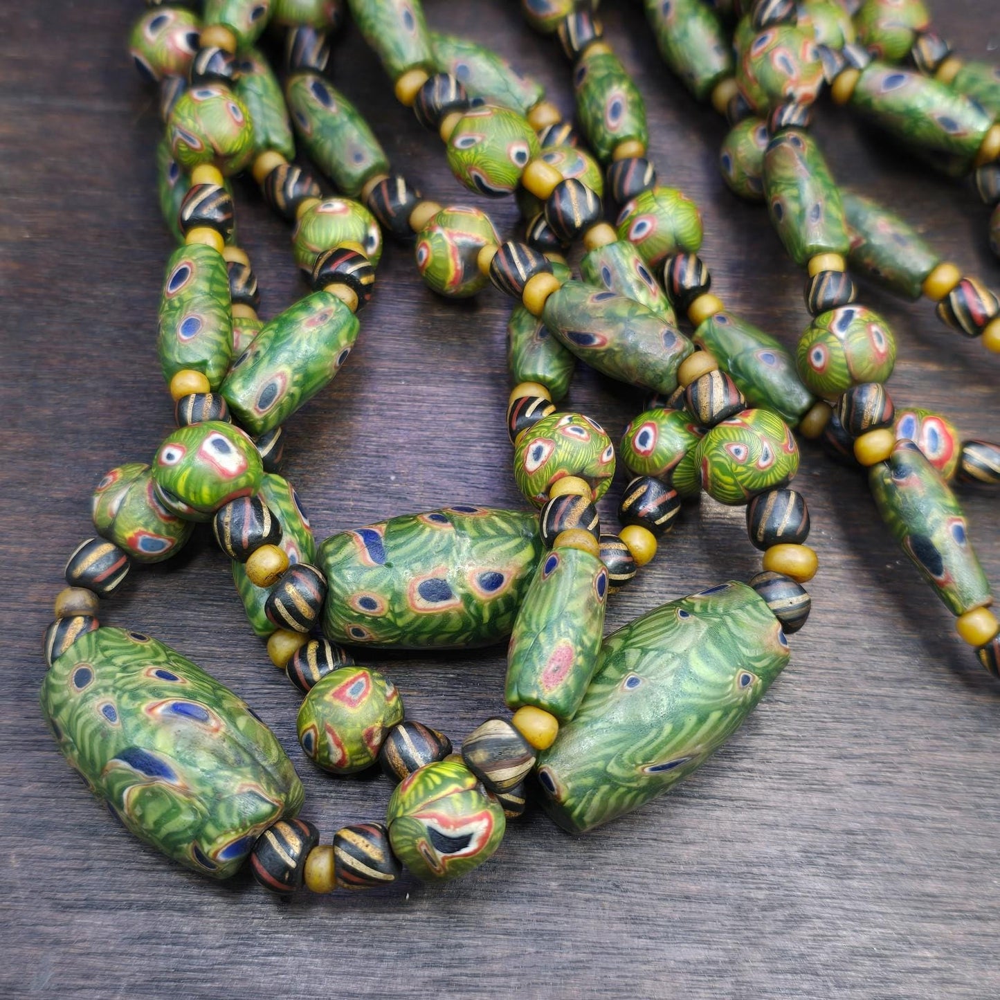 Vintage venetian style green gabri african glass beads 25inch long necklace gift