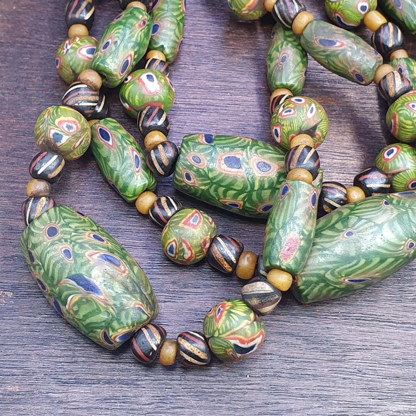 Vintage venetian style green gabri african glass beads 25inch long necklace gift