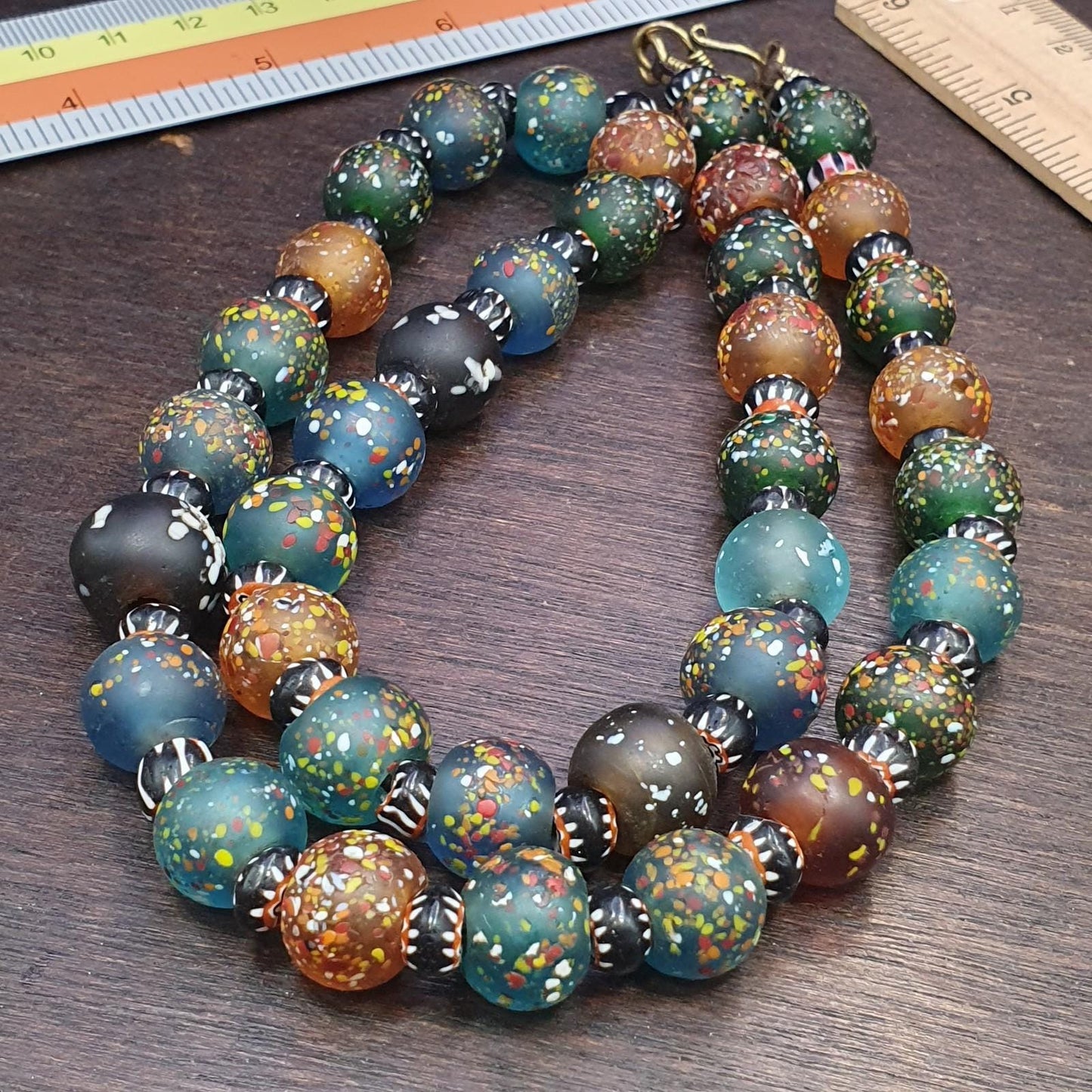 Vintage african inspired trade glass with black chevron beads necklace