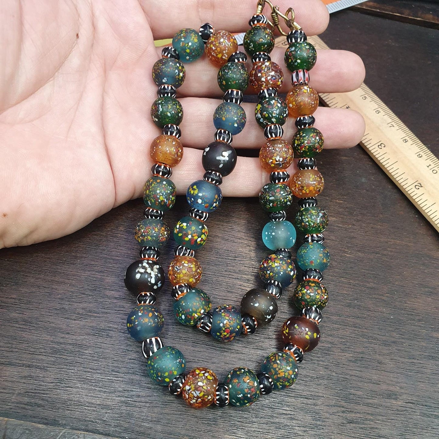 Vintage african inspired trade glass with black chevron beads necklace