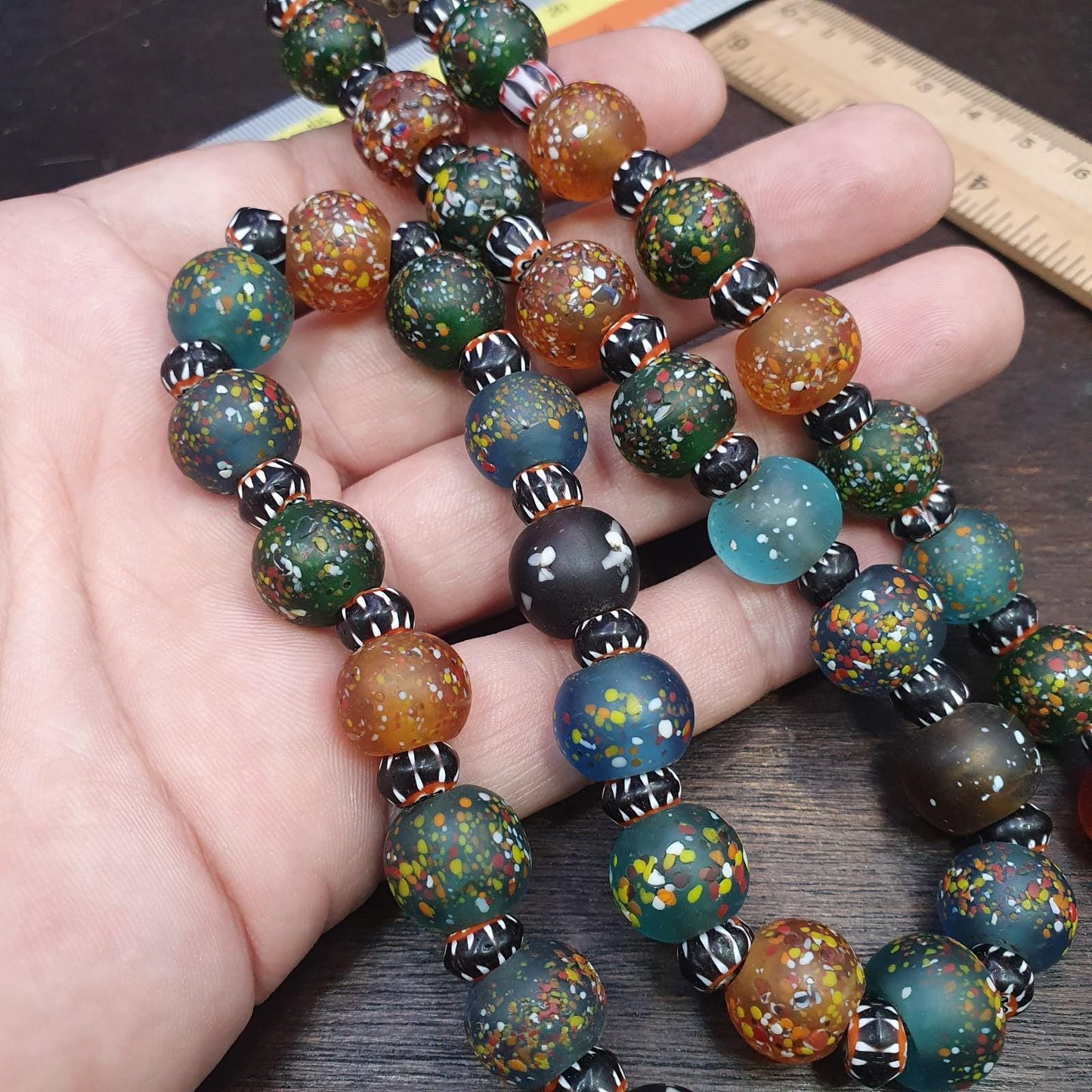 Vintage african inspired trade glass with black chevron beads necklace