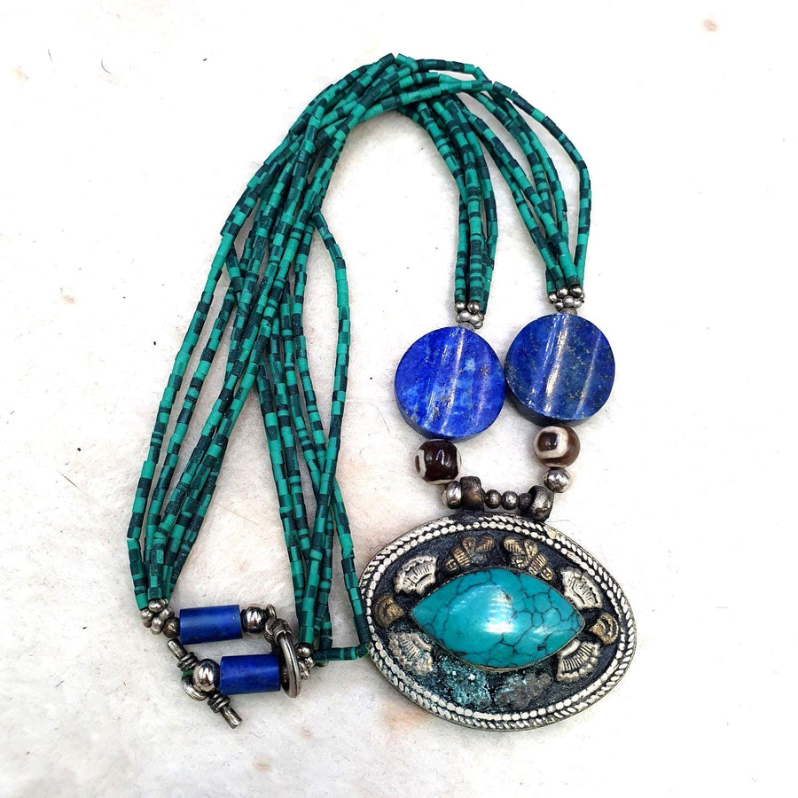 Vintage tribal afghan tiny seed beads malachite color lapis jewelry necklace #6