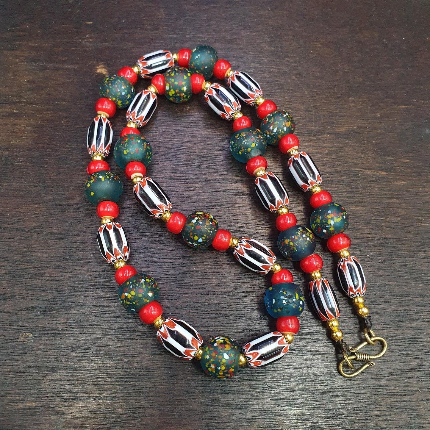 Vintage Chevron Whiteheart Glass Beads: Handmade Dark Green & Black Strand
