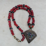 Venetian Whiteheart Chevron Bead Necklace: Amethyst Turquoise Pendant