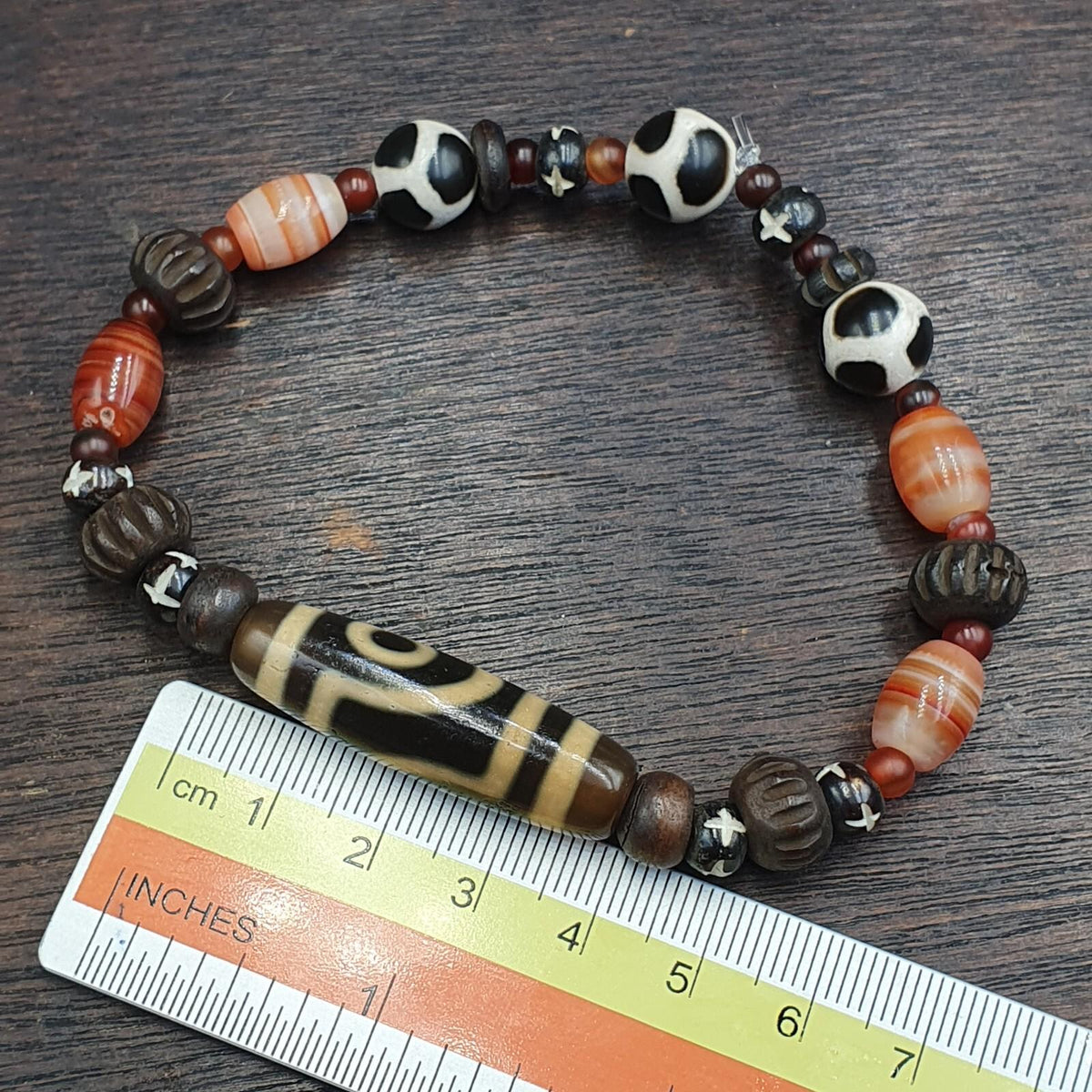 Tibetan dzi agate, carnelian himalayan carving yak bone beaded bracelet