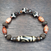 Tibetan dzi agate, carnelian himalayan carving yak bone beaded bracelet