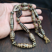 Antique south asian burmese pumtek pyu dzi pattern beads long necklace