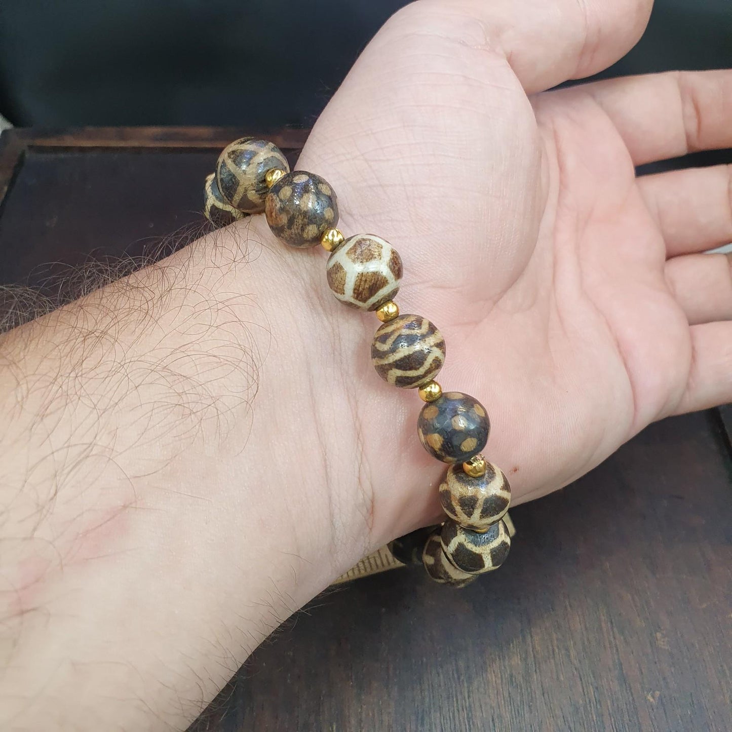 Antique south asian burmese pumtek pyu dzi pattern beads bracelet