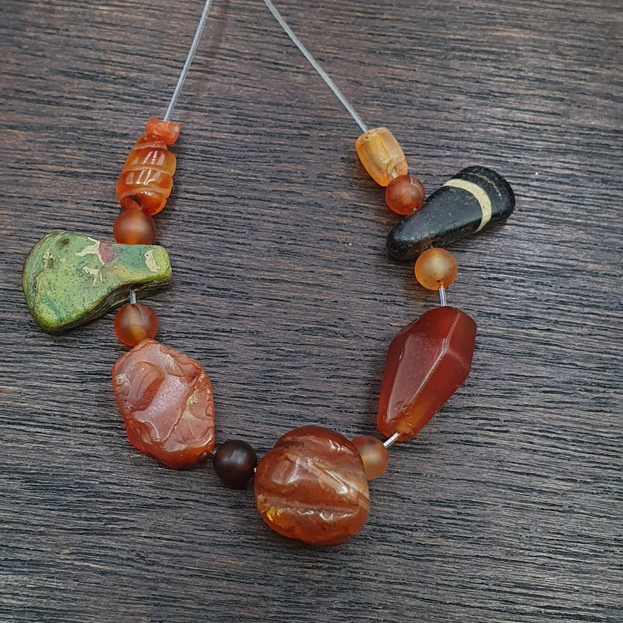 Ancient Yemeni Red Agate Beads & Venetian Glass Pendants: Handmade Antique Lot