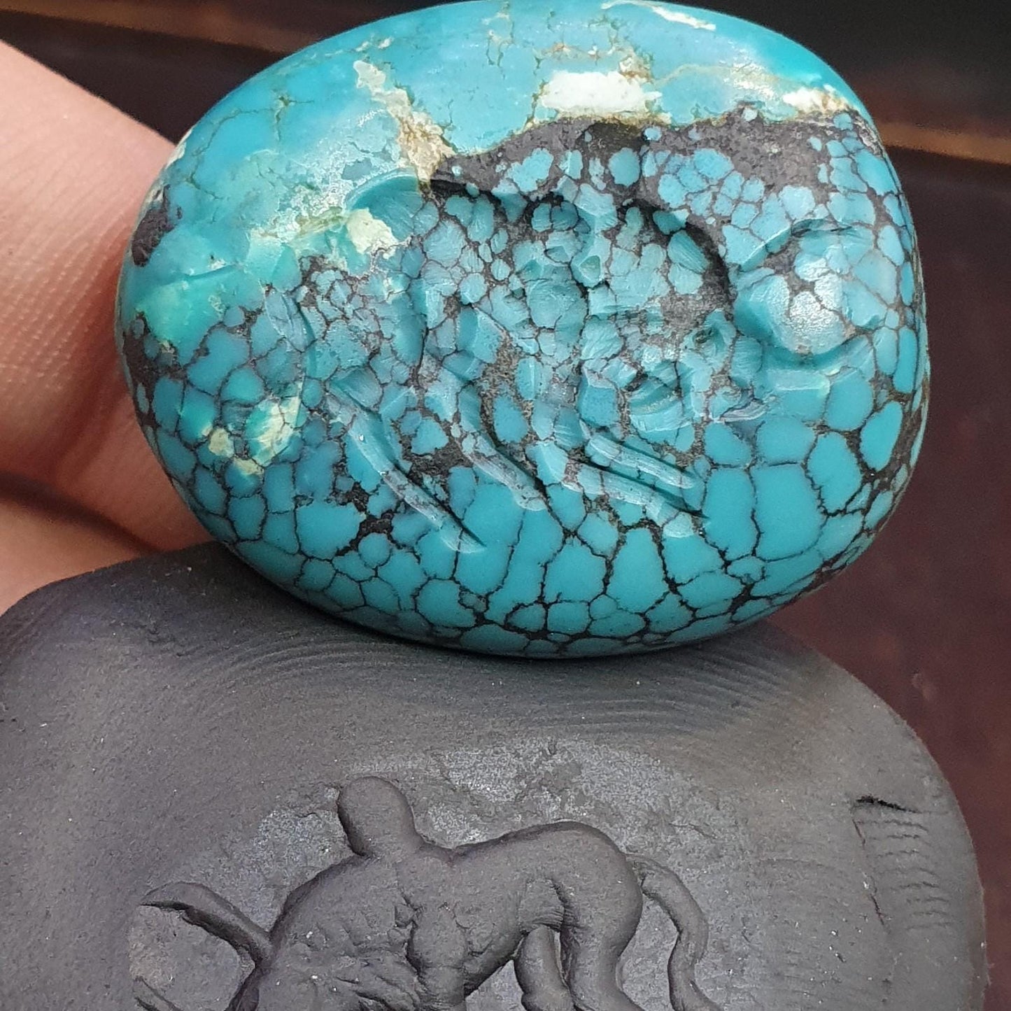 Anitique blue turquoise stamp seal intaglio angry bull  engraved pendant bead