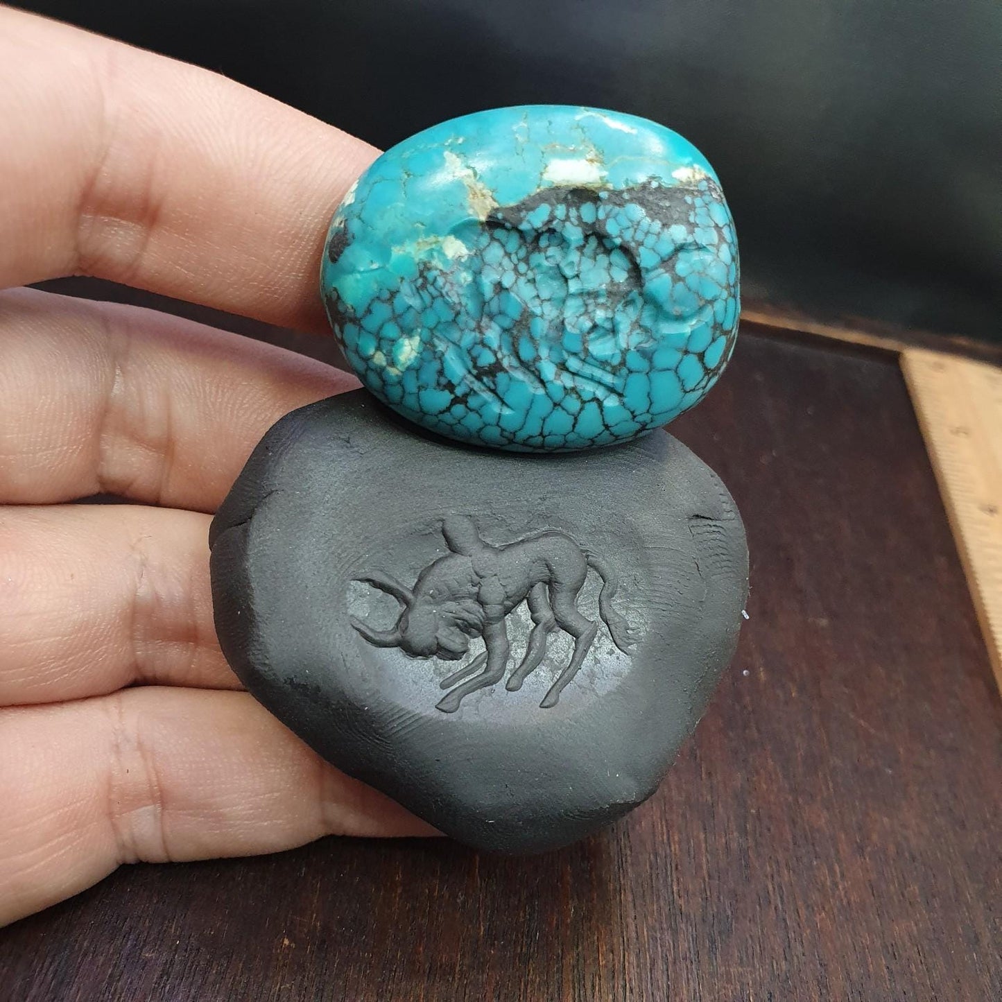 Anitique blue turquoise stamp seal intaglio angry bull  engraved pendant bead