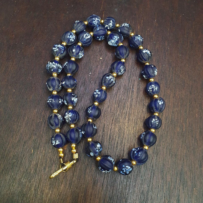 Vintage venetian african style blue melon shape glass beads beaded necklace