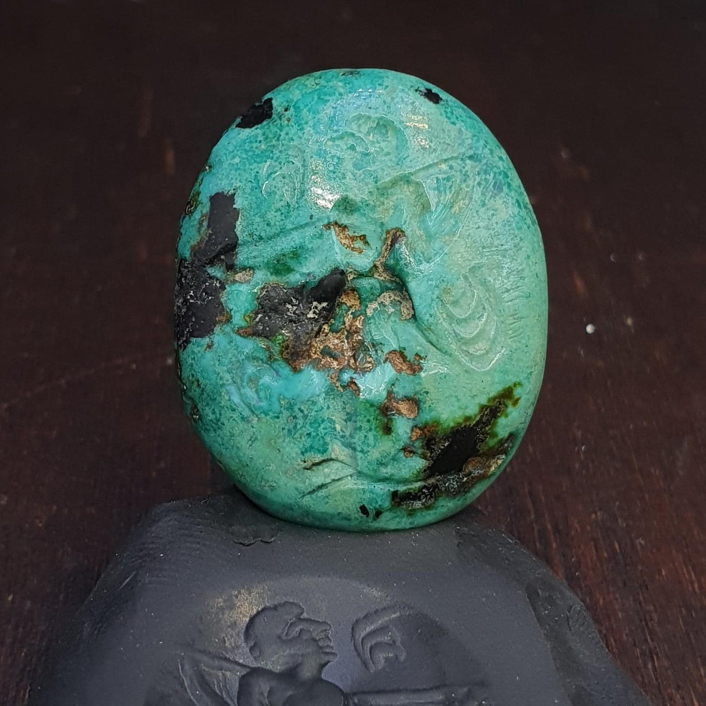 Anitique turquoise chrysocolla stamp seal intaglio engraved pendant bead Collectible Gift