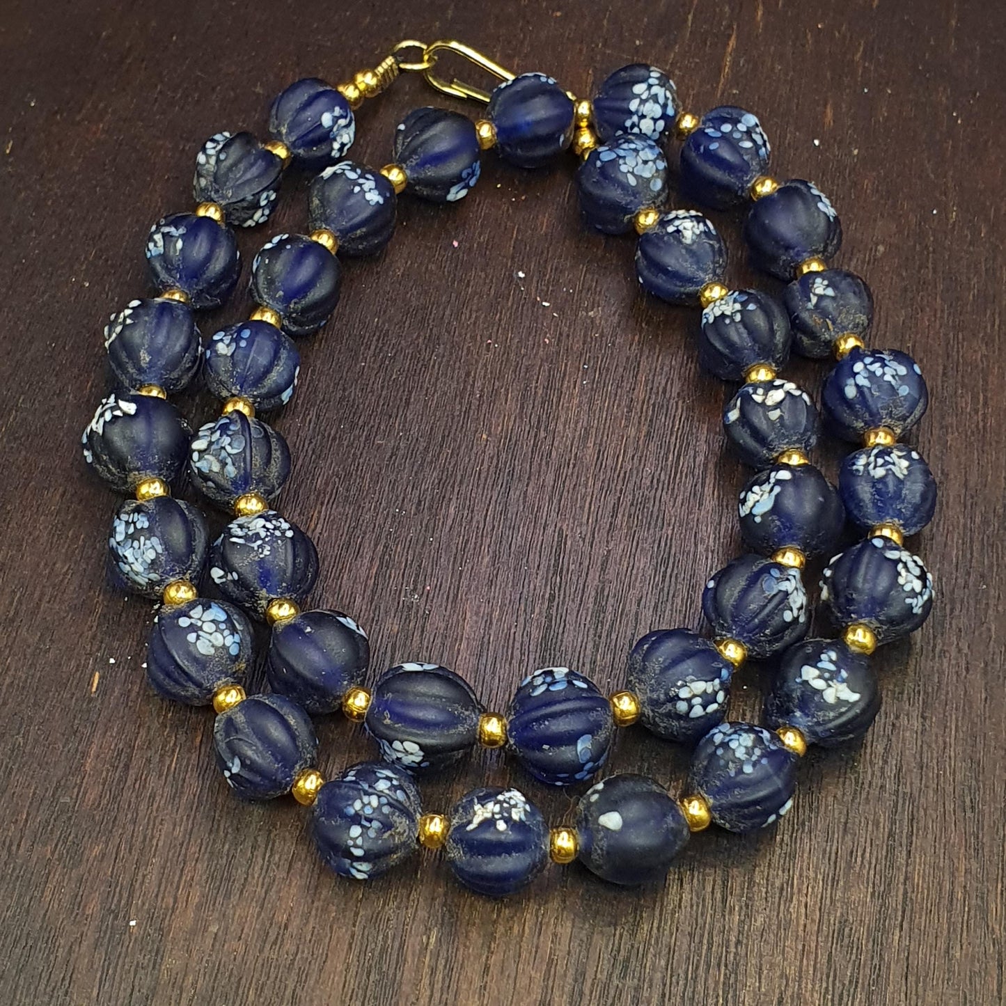 Vintage venetian african style blue melon shape glass beads beaded necklace