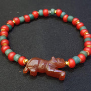 Animal Lion Figurine, Antique Tibetan Amulet - Hand Carved Red Agate, Whiteheart Bead Bracelet, Asian Style Decor