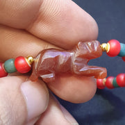Animal Lion Figurine, Antique Tibetan Amulet - Hand Carved Red Agate, Whiteheart Bead Bracelet, Asian Style Decor