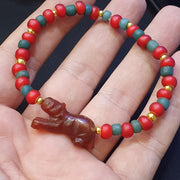 Animal Lion Figurine, Antique Tibetan Amulet - Hand Carved Red Agate, Whiteheart Bead Bracelet, Asian Style Decor