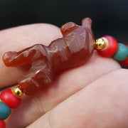 Animal Lion Figurine, Antique Tibetan Amulet - Hand Carved Red Agate, Whiteheart Bead Bracelet, Asian Style Decor