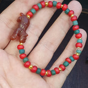 Animal Lion Figurine, Antique Tibetan Amulet - Hand Carved Red Agate, Whiteheart Bead Bracelet, Asian Style Decor