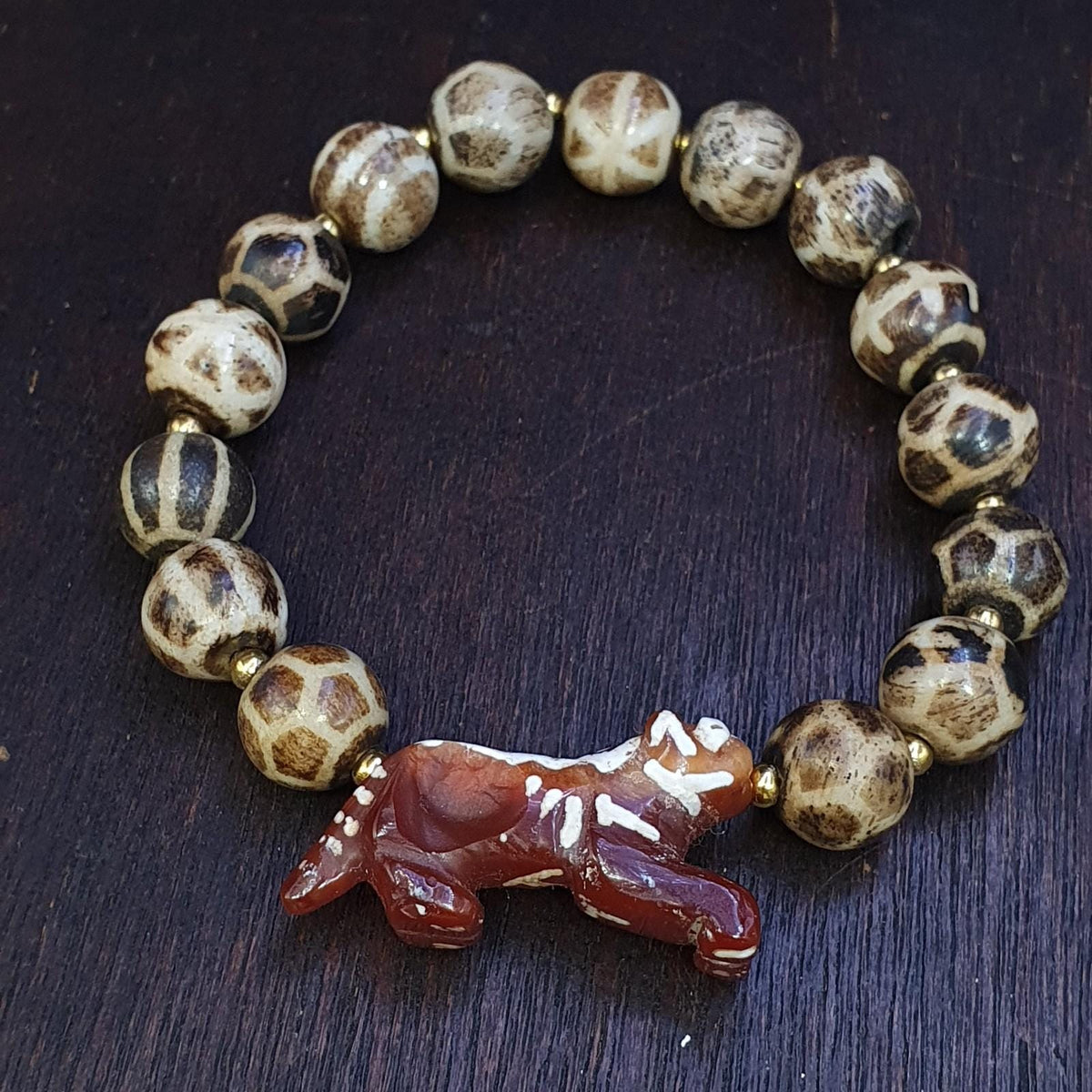 Agate Animal Pendant, Vintage Tibetan Bracelet - Burmese Pumtek Beads, Multicolor Strands | Carved Figurine