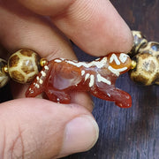 Agate Animal Pendant, Vintage Tibetan Bracelet - Burmese Pumtek Beads, Multicolor Strands | Carved Figurine