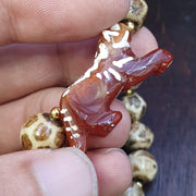 Agate Animal Pendant, Vintage Tibetan Bracelet - Burmese Pumtek Beads, Multicolor Strands | Carved Figurine