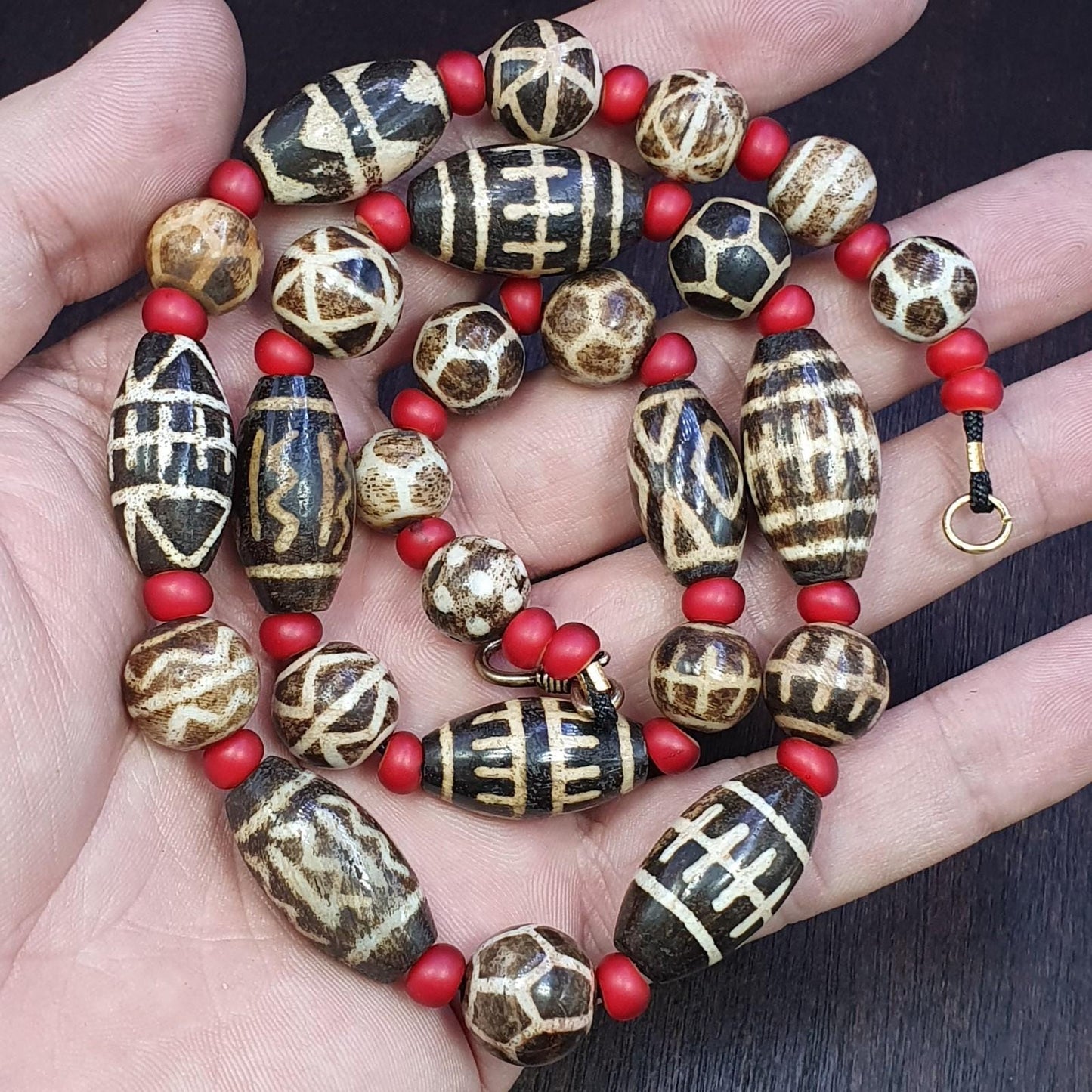 South asian burmese old pumtek petrified wood stone beads long necklace #j5