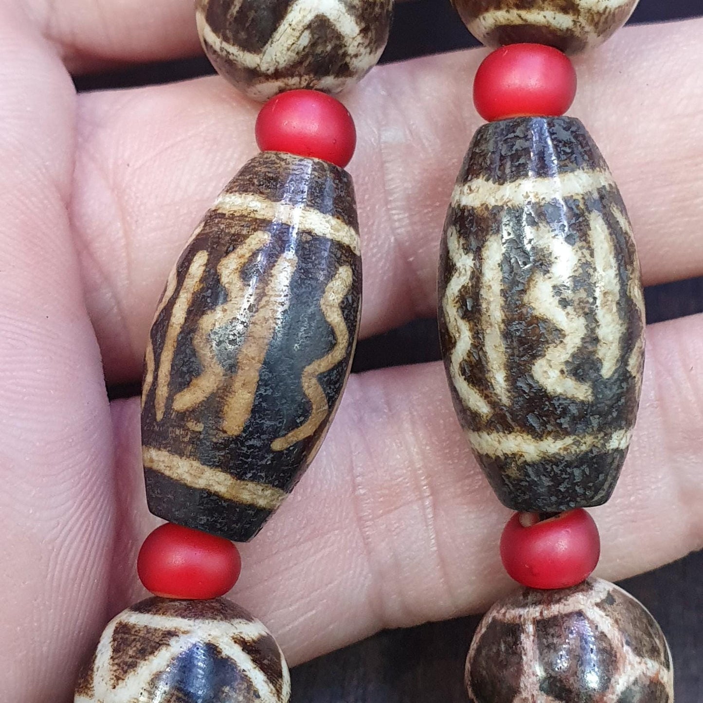 South asian burmese old pumtek petrified wood stone beads long necklace #j5