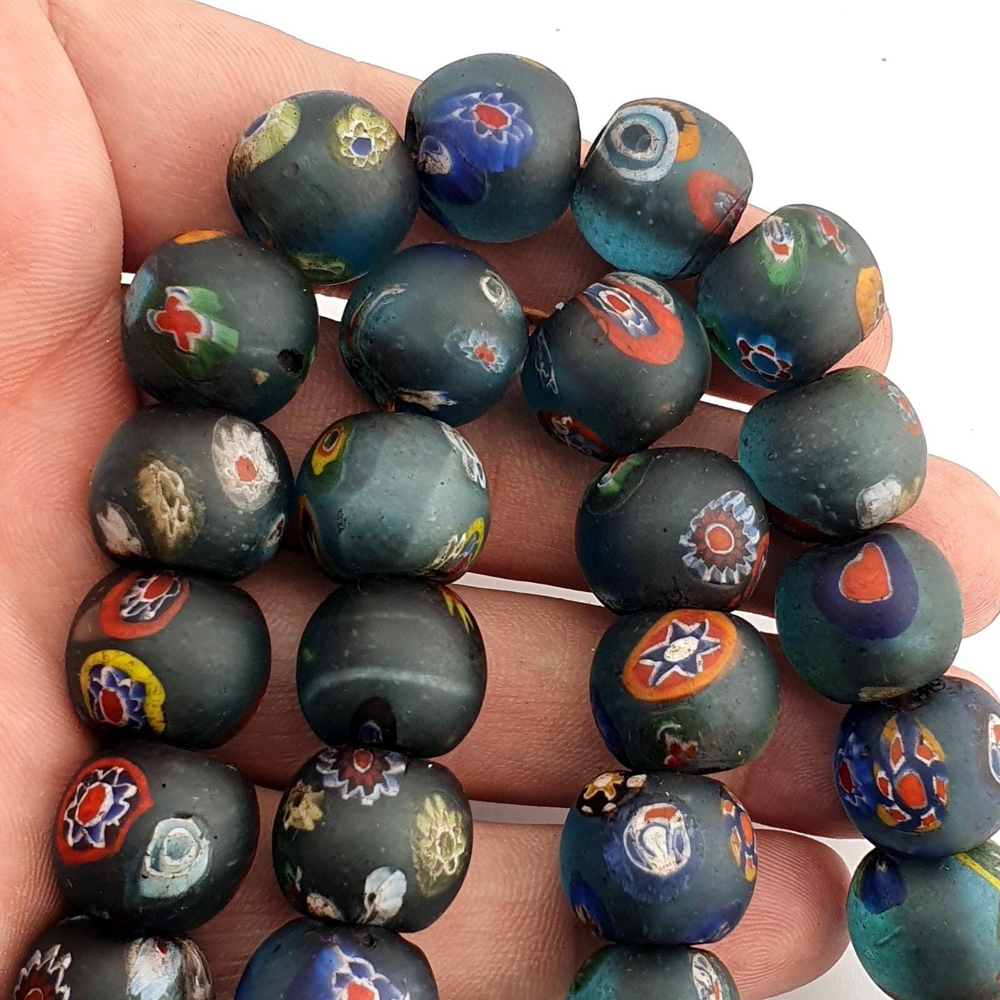 Vintage light blue yellow eyes face african glass beaded necklace Gift