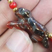 Antique Dzi Agate, Tibetan Carved Animal Bracelet | Multi-Hued Beads, Handcarved Figurines | Elastic Fit