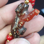 Antique Dzi Agate, Tibetan Carved Animal Bracelet | Multi-Hued Beads, Handcarved Figurines | Elastic Fit