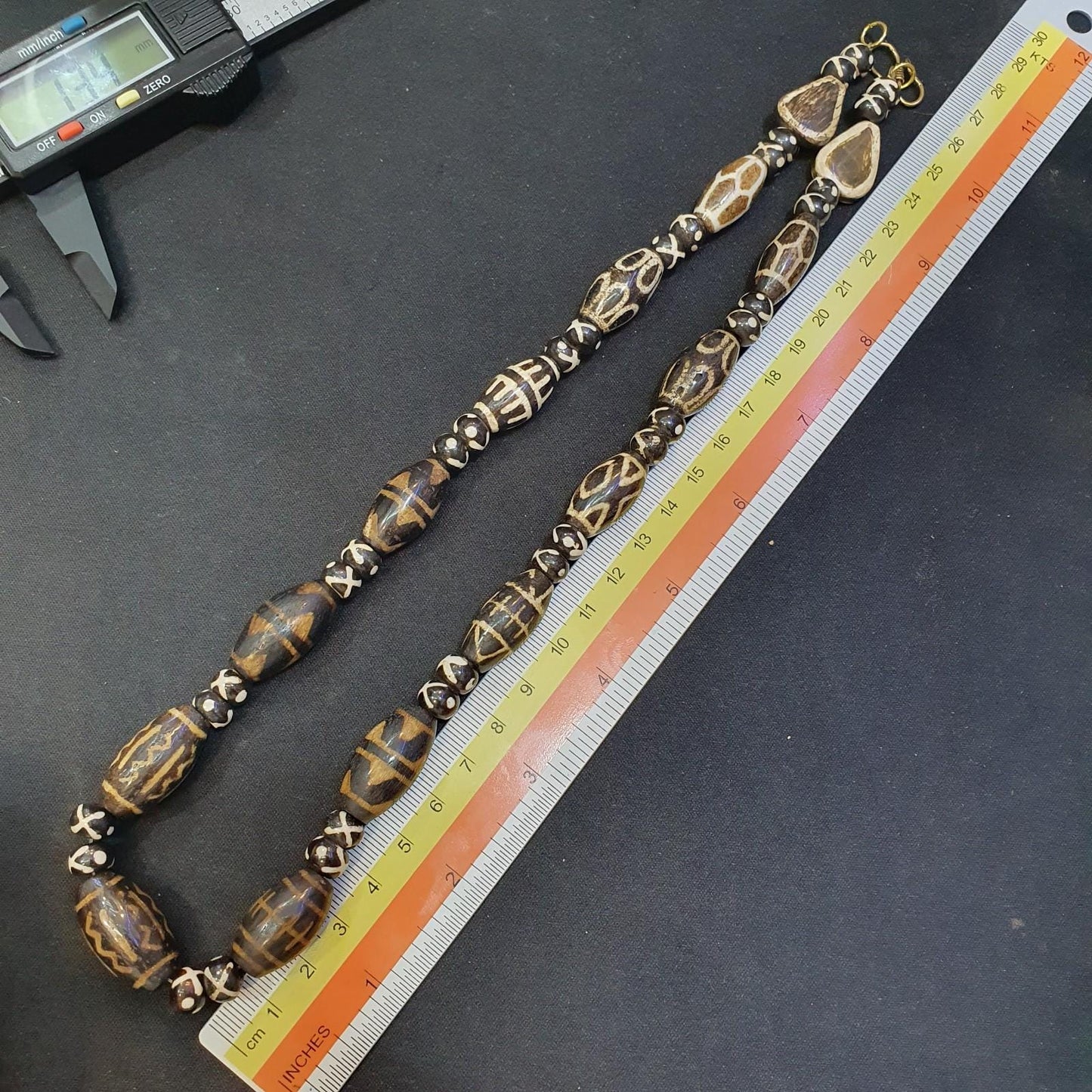 Burmese Pumtek Petrified Wood Bead Necklace: South Asian Dzi Patterns