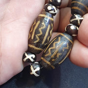 Burmese Pumtek Petrified Wood Bead Necklace: South Asian Dzi Patterns