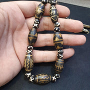 Burmese Pumtek Petrified Wood Bead Necklace: South Asian Dzi Patterns