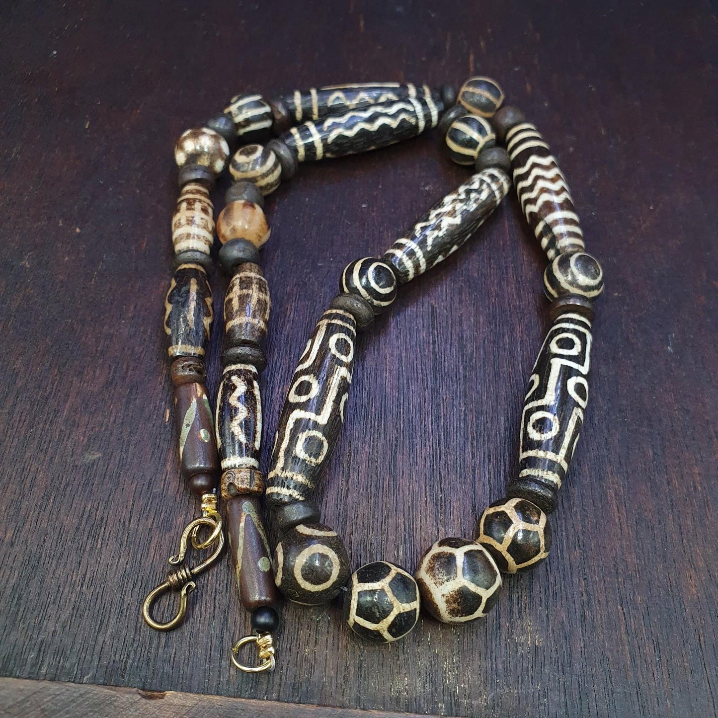 Antique south asian burmese pumtek pyu dzi 9 eyes rare patters beaded necklace