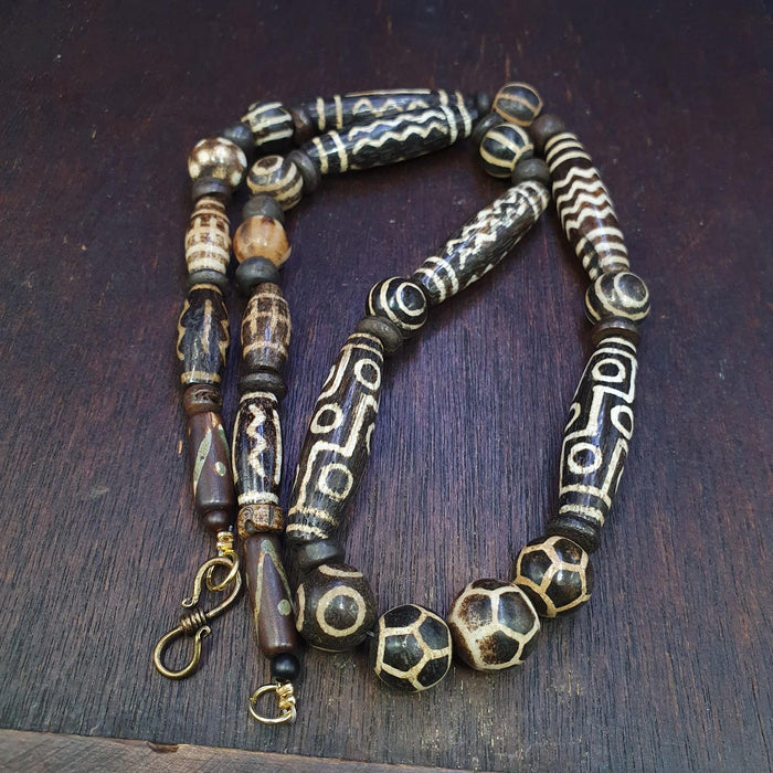 Antique south asian burmese pumtek pyu dzi 9 eyes rare patters beaded necklace