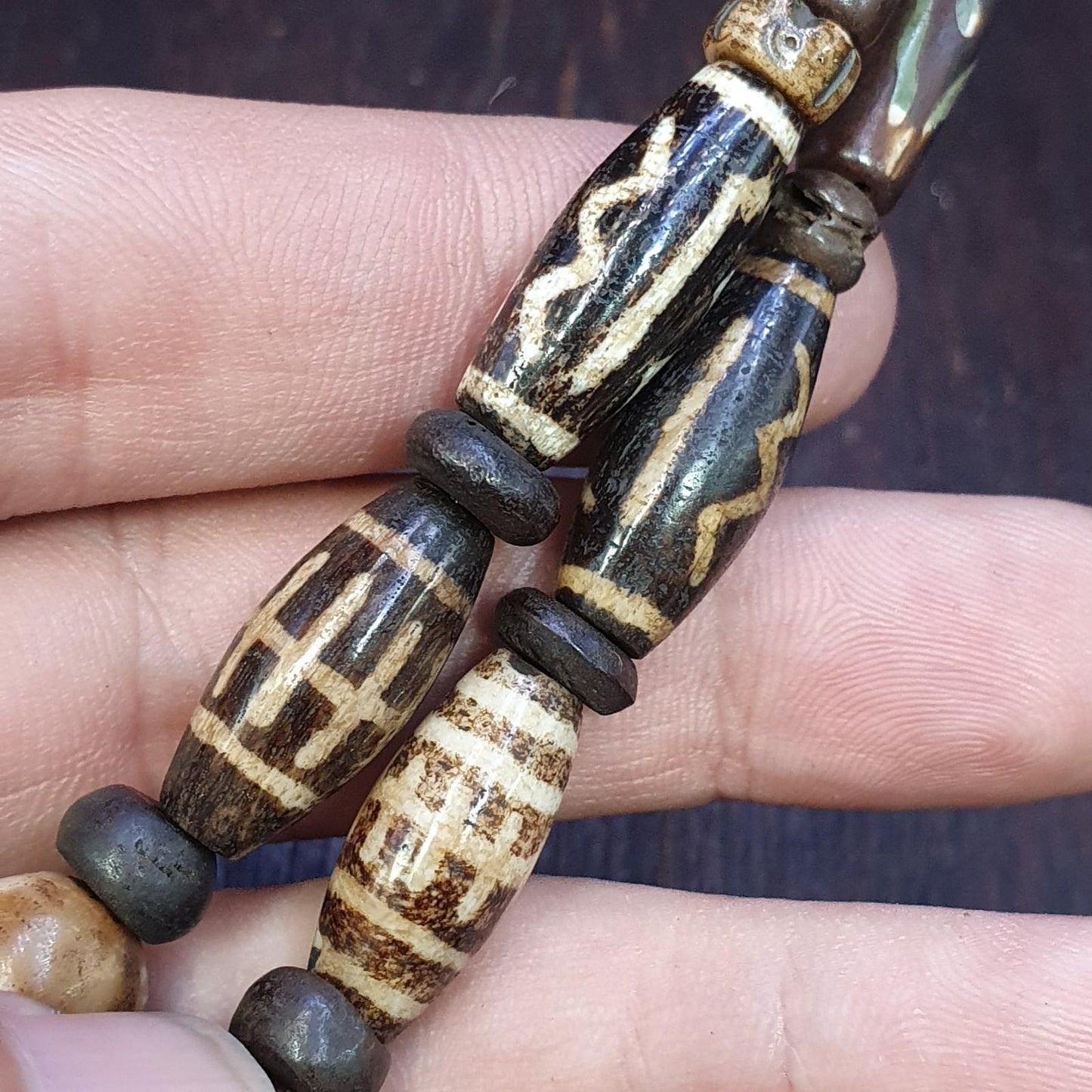 Antique south asian burmese pumtek pyu dzi 9 eyes rare patters beaded necklace
