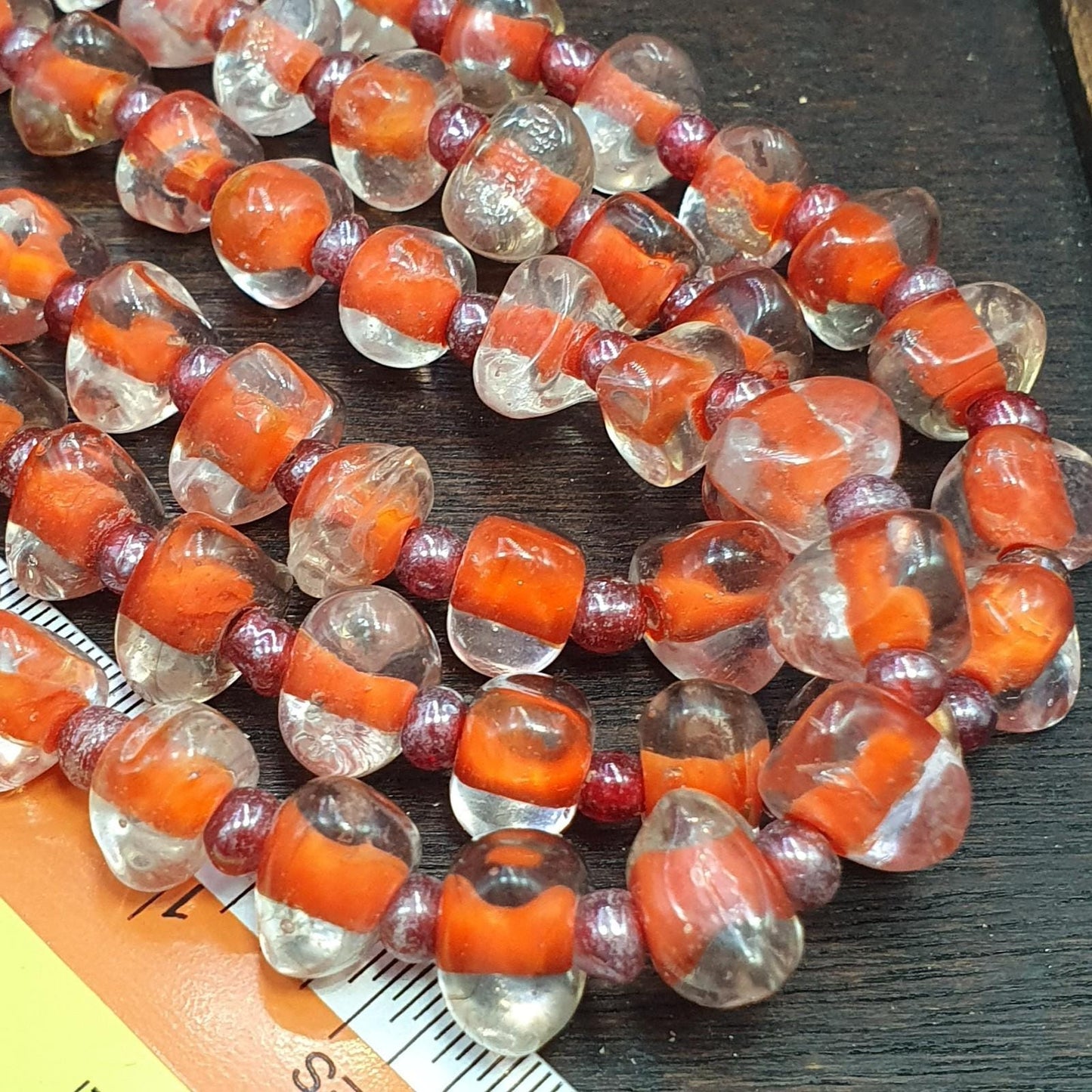 Vintage handmade blown lampwork orange glass beads necklace triangle shape