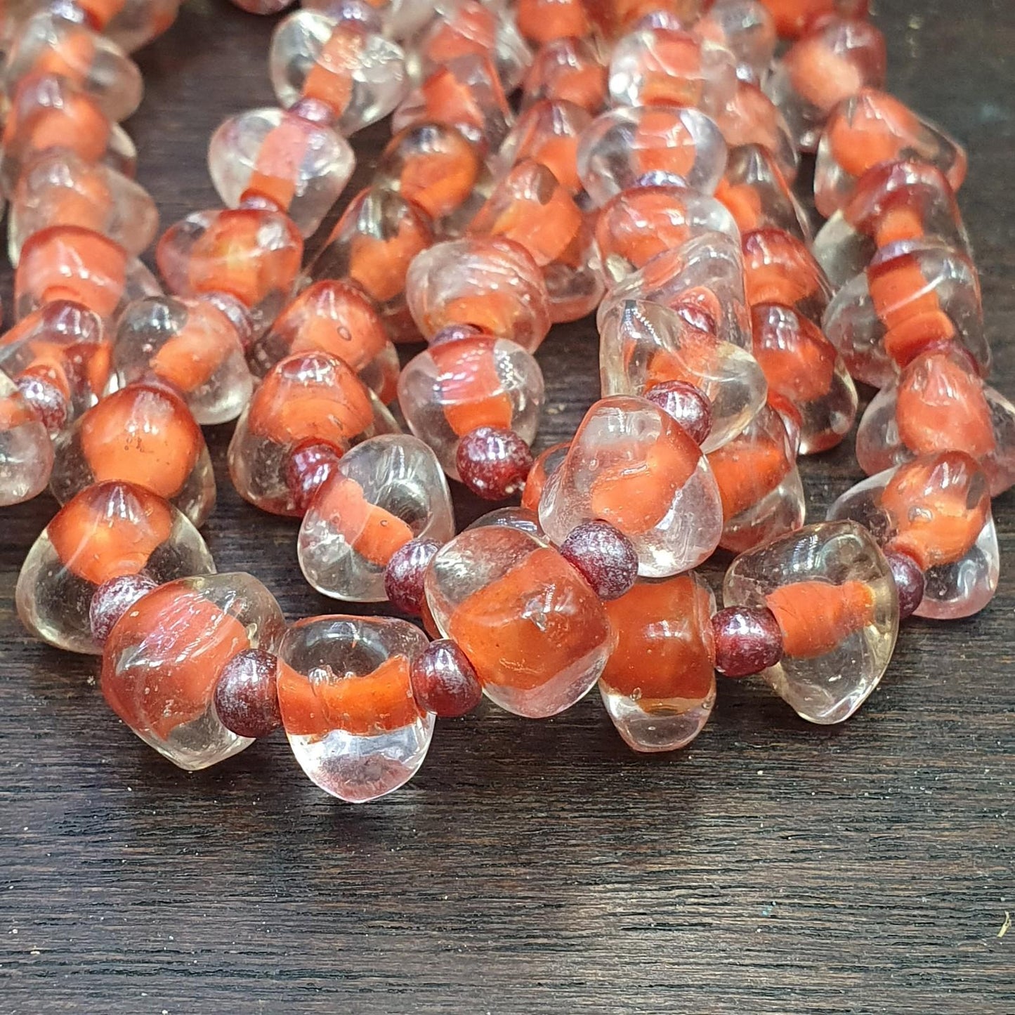 Vintage handmade blown lampwork orange glass beads necklace triangle shape