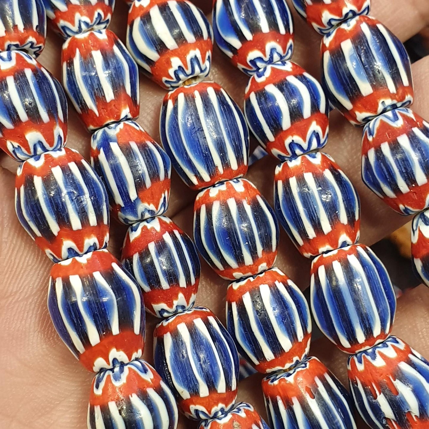 Vintage blue red chevron venetian style multilayers 11mm glass beads necklace