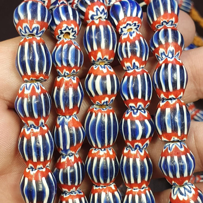 Vintage blue red chevron venetian style multilayers 11mm glass beads necklace