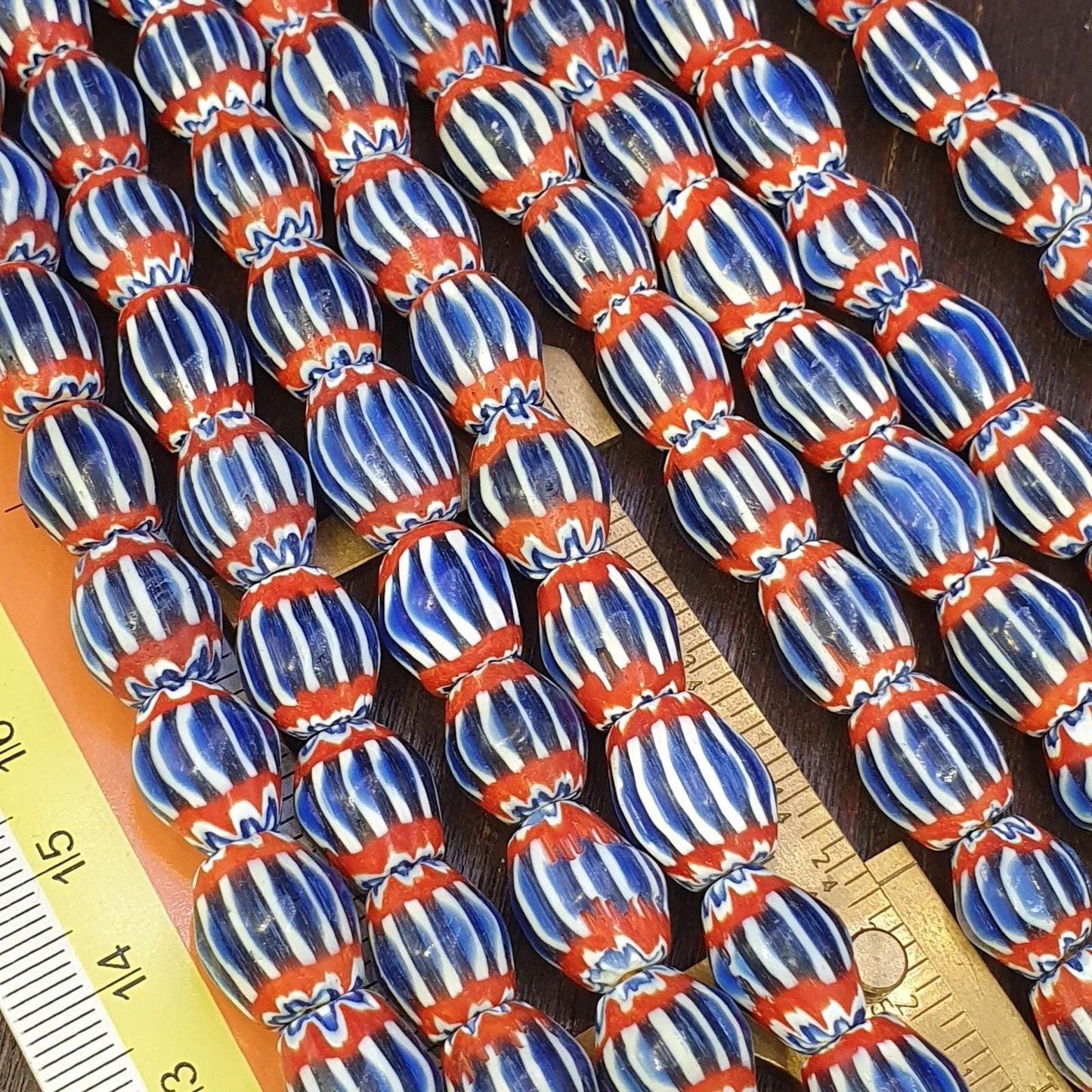 Vintage blue red chevron venetian style multilayers 11mm glass beads necklace